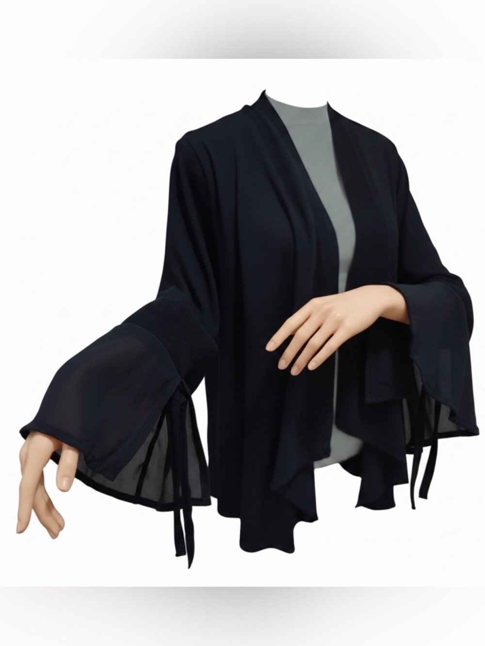 August Silk, Draped Open Front Black Flowing Cardigan Sheer Bell Cuffs. Large - Picture 4 of 12